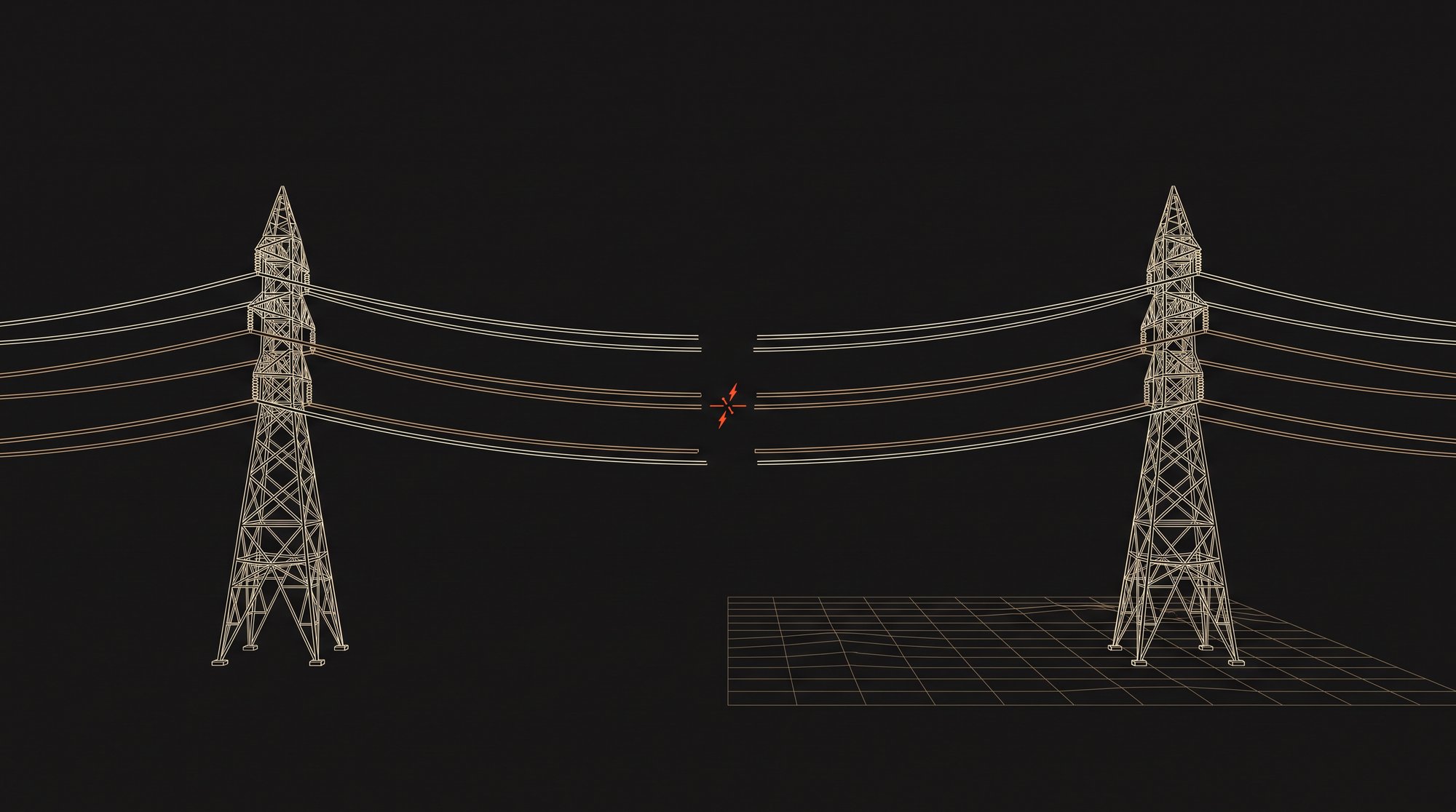 Wireframe render of two lattice transmission pylons on a dark background, the conductors between them severed, with a small vermillion spark at the break.