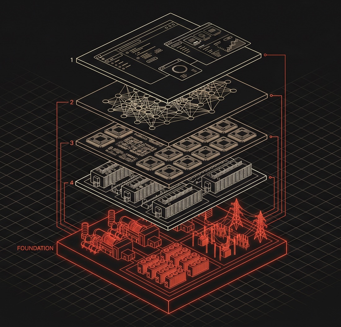 Isometric exploded diagram of the AI stack: application, model, compute, and data center layers floating above a glowing vermillion power foundation layer with turbines and switchgear